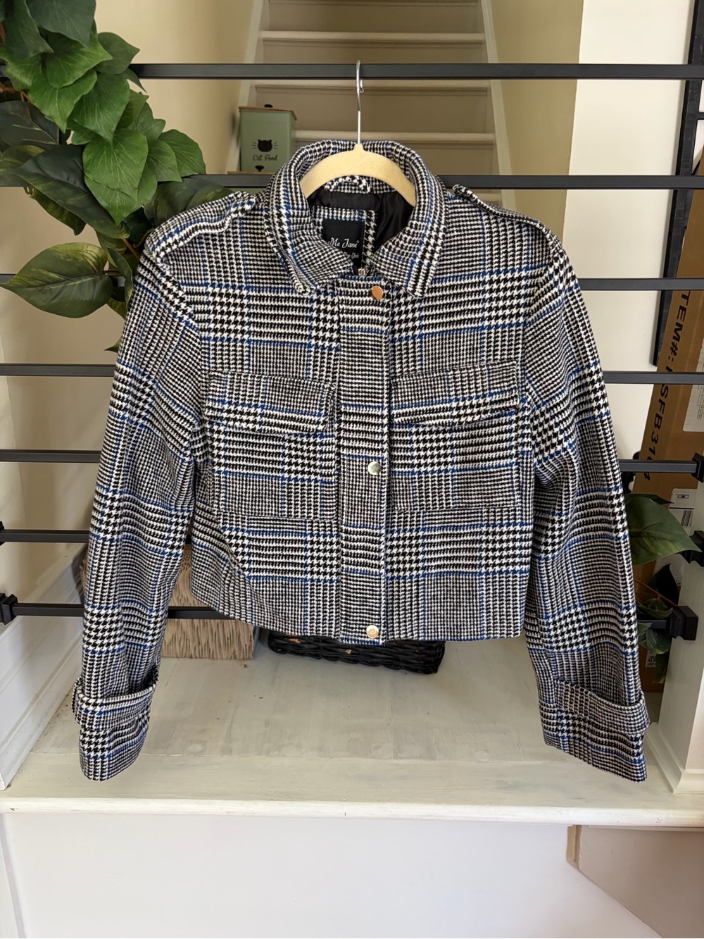 Me Jane Blue Black Houndstooth Plaid Cropped Zip Jacket Size Medium